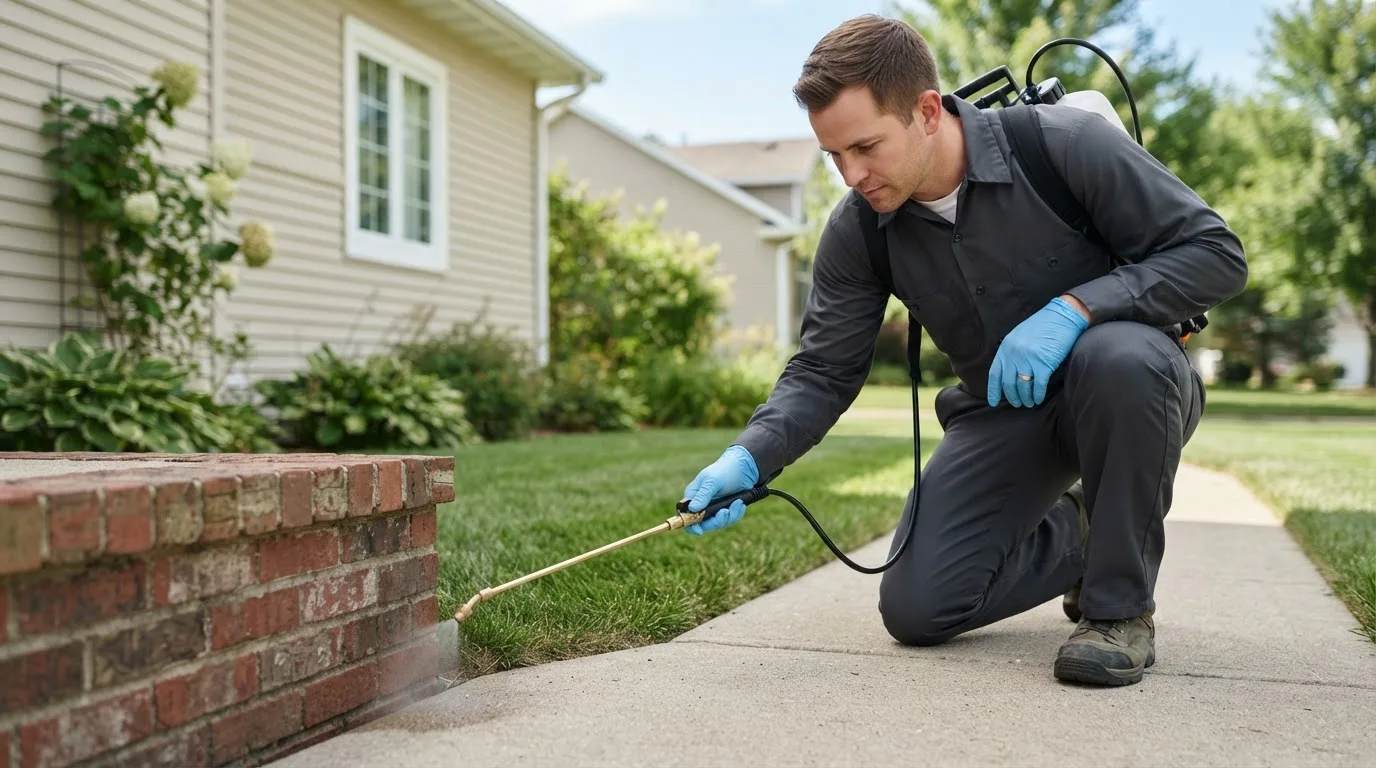 Pest control technician treating a home near Alma, GA